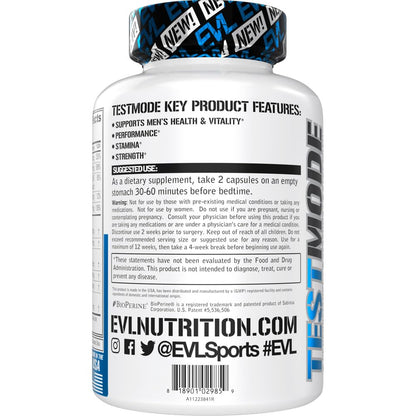 Evlution Nutrition TestMode Testosterone Support for Men - Performance, Stamina & Strength Supplement - 100 Veggie Capsules (50 Servings)