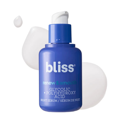 Bliss Renew & Smooth Night Serum - Glycolic Acid + Polyhydroxy Acid Exfoliating Serum - Resurfaces Skin, Smooths Texture & Brightens Tone Overnight - 1 Fl Oz