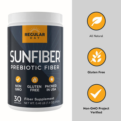REGULAR DAY Sunfiber, Prebiotic Fiber Supplement for Digestive Health - Promotes Gentle Regularity - Gluten Free, Vegan, Dairy Free, Non-GMO, Keto, Tasteless - One Simple Ingredient - 30 Servings