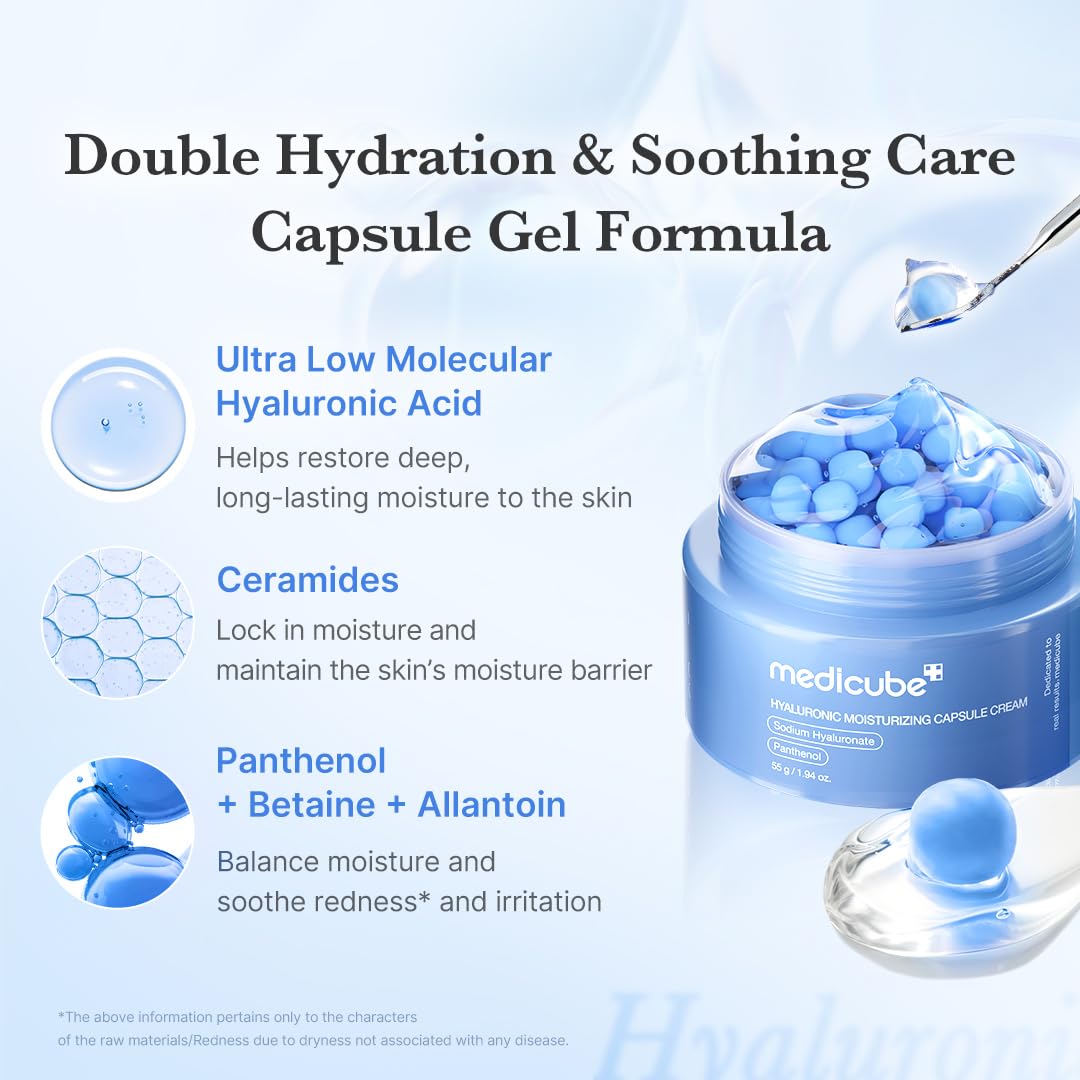 medicube Capsule Cream with Hyaluronic Acid - 120H Lasting Hydration, Barrier Care, Calming Daily Facial Moisturizer For All Skin Types - Panthenol & Ceramides - Korean Skincare, 1.94 oz
