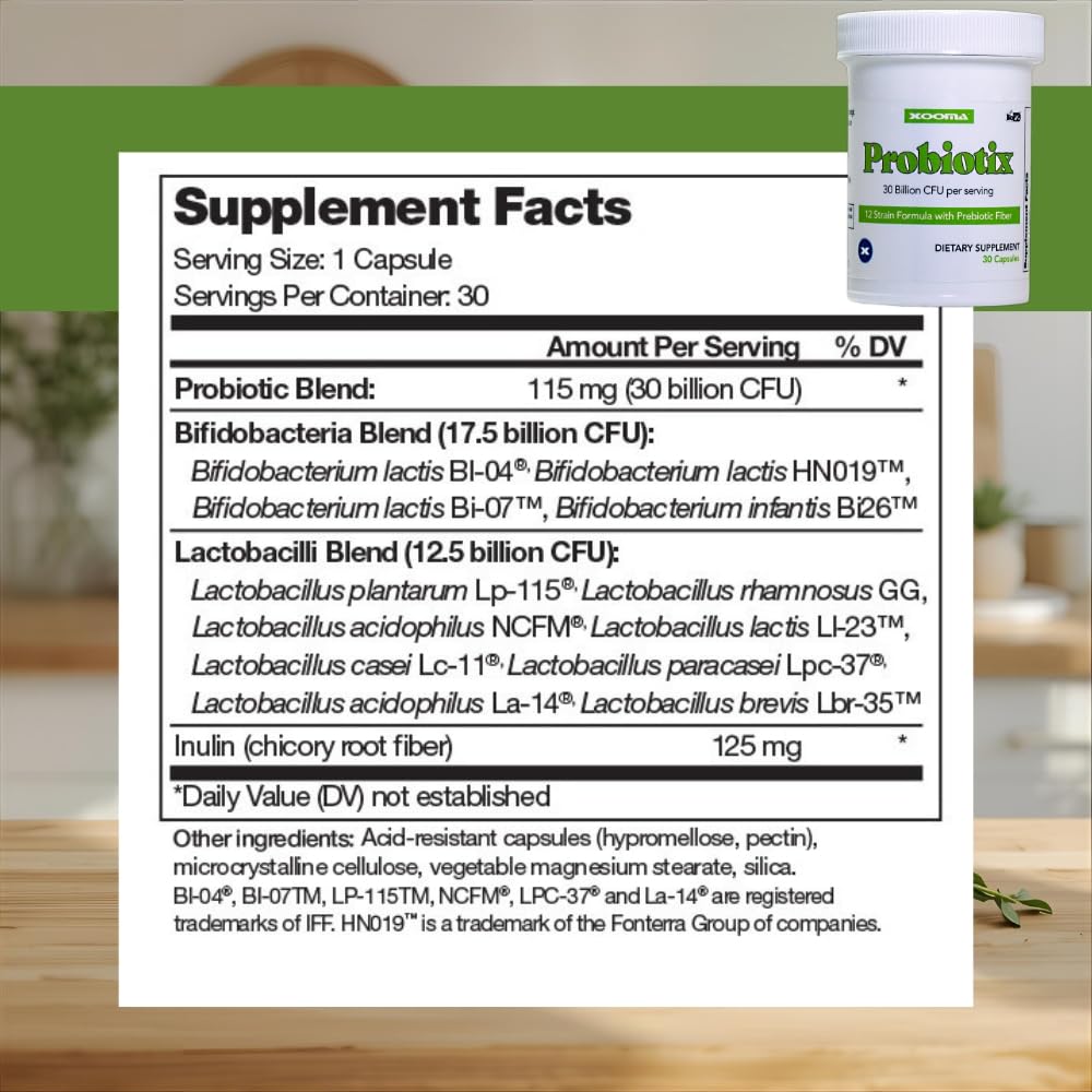 Xooma Probiotix 12-Strain Probiotic + Prebiotic Fiber, 30B CFU - No Refrigeration Required - Gut & Digestive Health, Immune Support, Bloating Relief - Gluten, Soy & Dairy Free - 30 Capsules