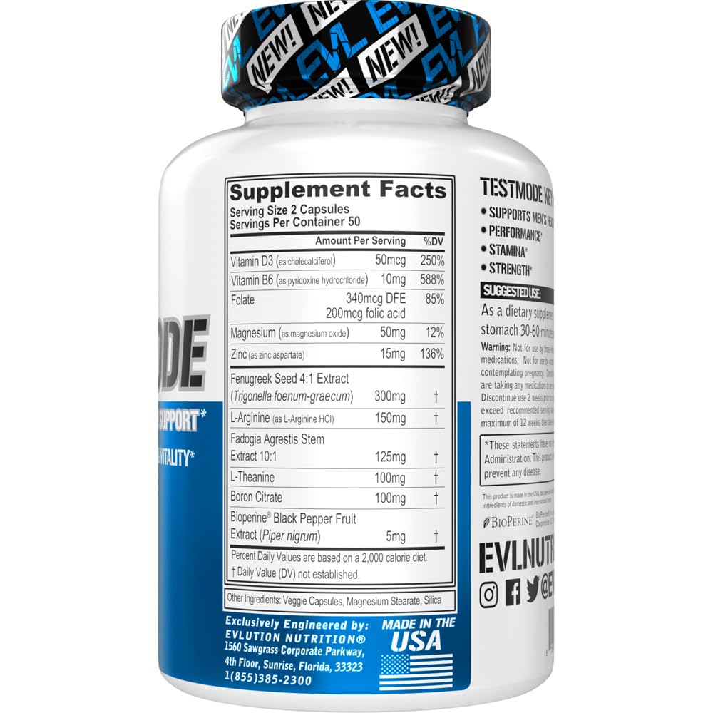 Evlution Nutrition TestMode Testosterone Support for Men - Performance, Stamina & Strength Supplement - 100 Veggie Capsules (50 Servings)