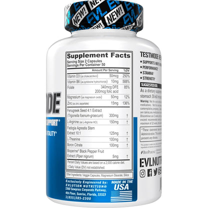 Evlution Nutrition TestMode Testosterone Support for Men - Performance, Stamina & Strength Supplement - 100 Veggie Capsules (50 Servings)