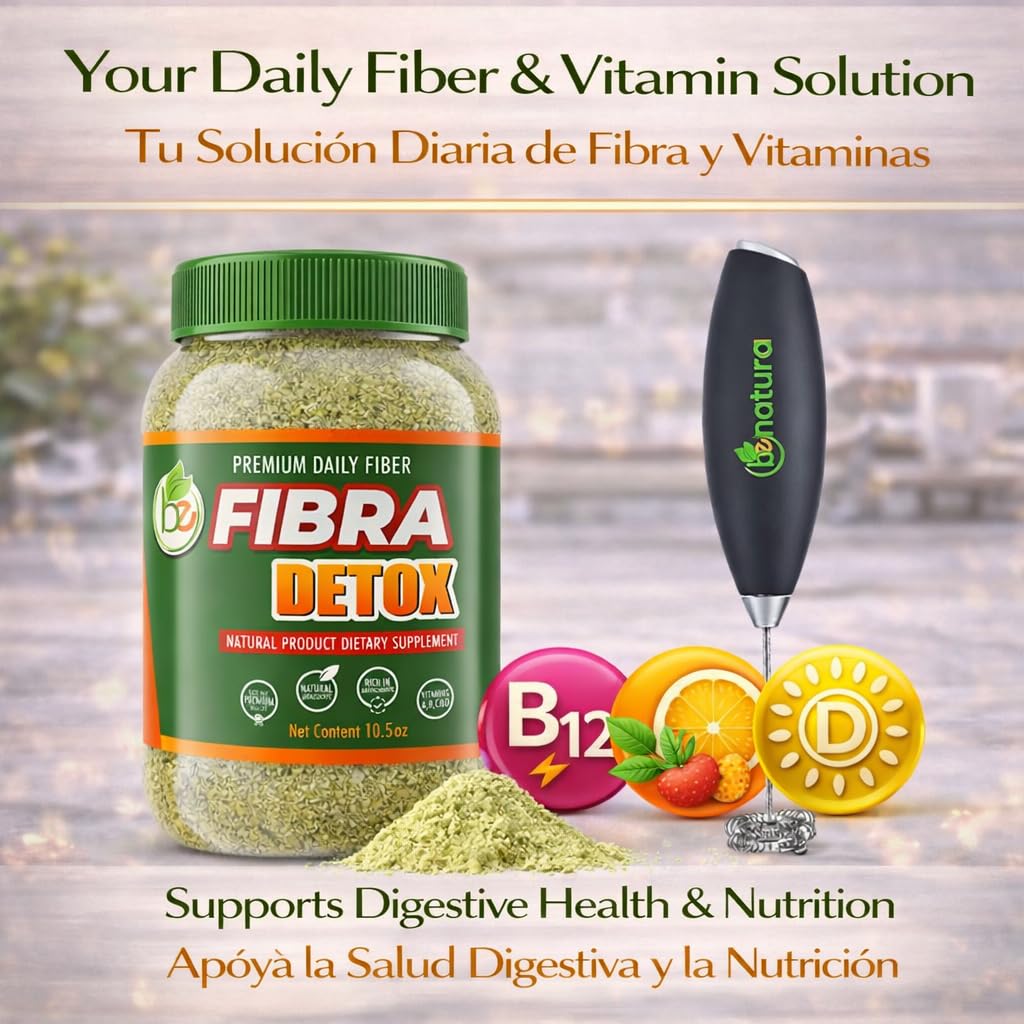 BE Fibra–Premium Daily Fiber Supplement–10.5oz Drink Mix–Rich in Antioxidants & Vitamins A, B12,C & D, Supports Digestive Health & Detox,Plant-Based, Vegan, Non-GMO,Includes Drink Mixer by BexpertsUSA