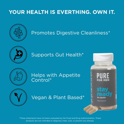 Pure for Men Original Cleanliness Stay Ready Fiber Supplement - Helps Promote Digestive Regularity - Psyllium Husk, Aloe Vera, Chia Seeds, Flaxseeds - Proprietary Formula - 60 Vegan Capsules