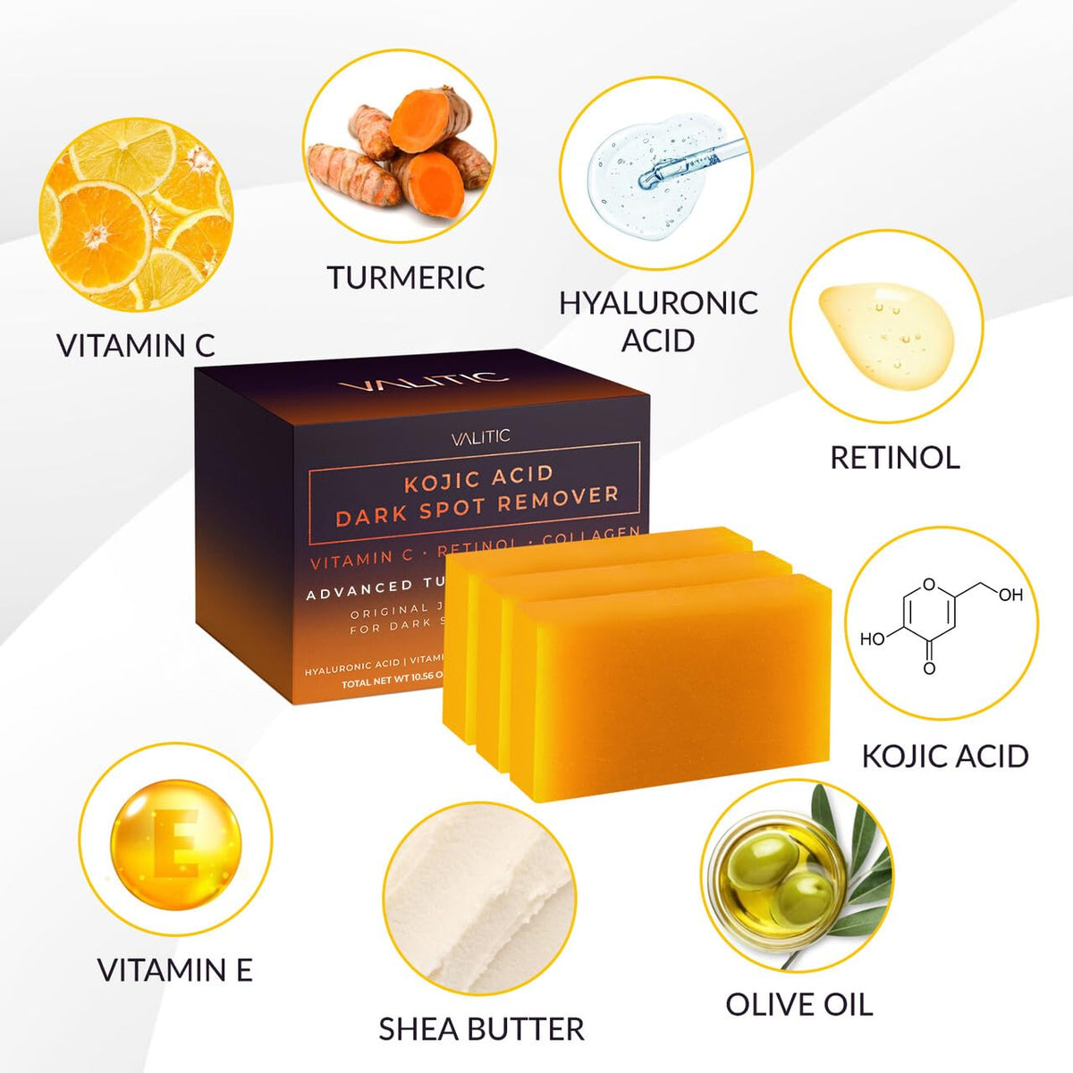 VALITIC Kojic Acid Cleansing Soap Bars with Vitamin C & Turmeric, Hydrating Formula 3 Pack