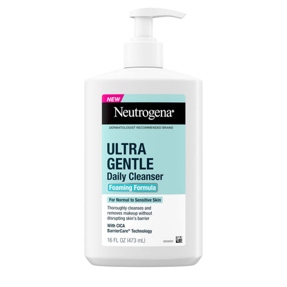 Neutrogena Ultra Gentle Foaming Facial Cleanser, Fragrance Free Hydrating Face Wash for Sensitive Skin, Daily Non Over Drying Makeup Remover, Hypoallergenic, Soap & Dye Free, Non-Comedogenic, 16 Fl Oz