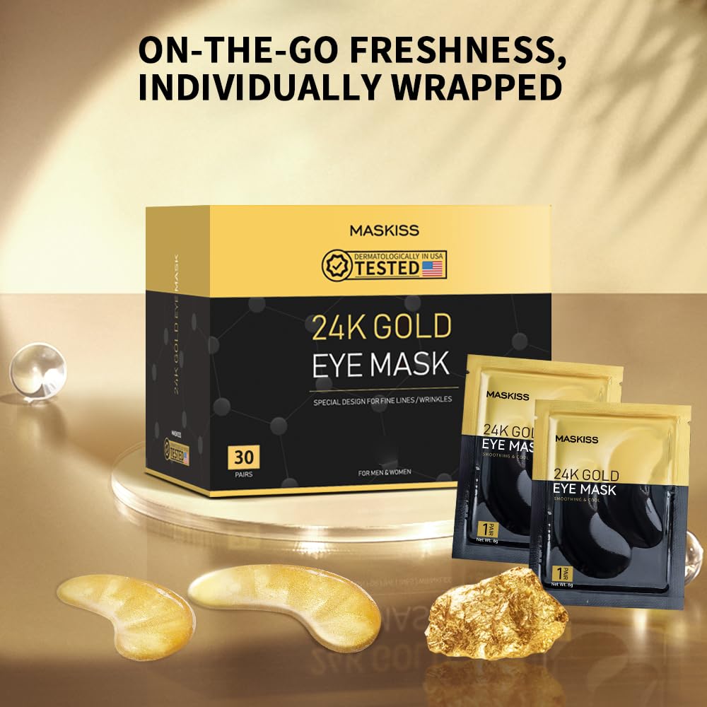 Maskiss 24k Gold Under Eye Patches (30 Pairs) - 1 Month Supply Collagen Eye Mask for Dark Circles & Puffiness