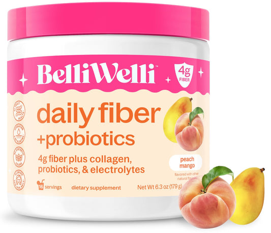 BelliWelli Fiber Supplement for Women & Men - Premium Daily Fiber Powder from Organic Acacia with Added Collagen, Electrolytes & Probiotics - No Bloat, Constipation & Gut Health Support (Peach Mango)