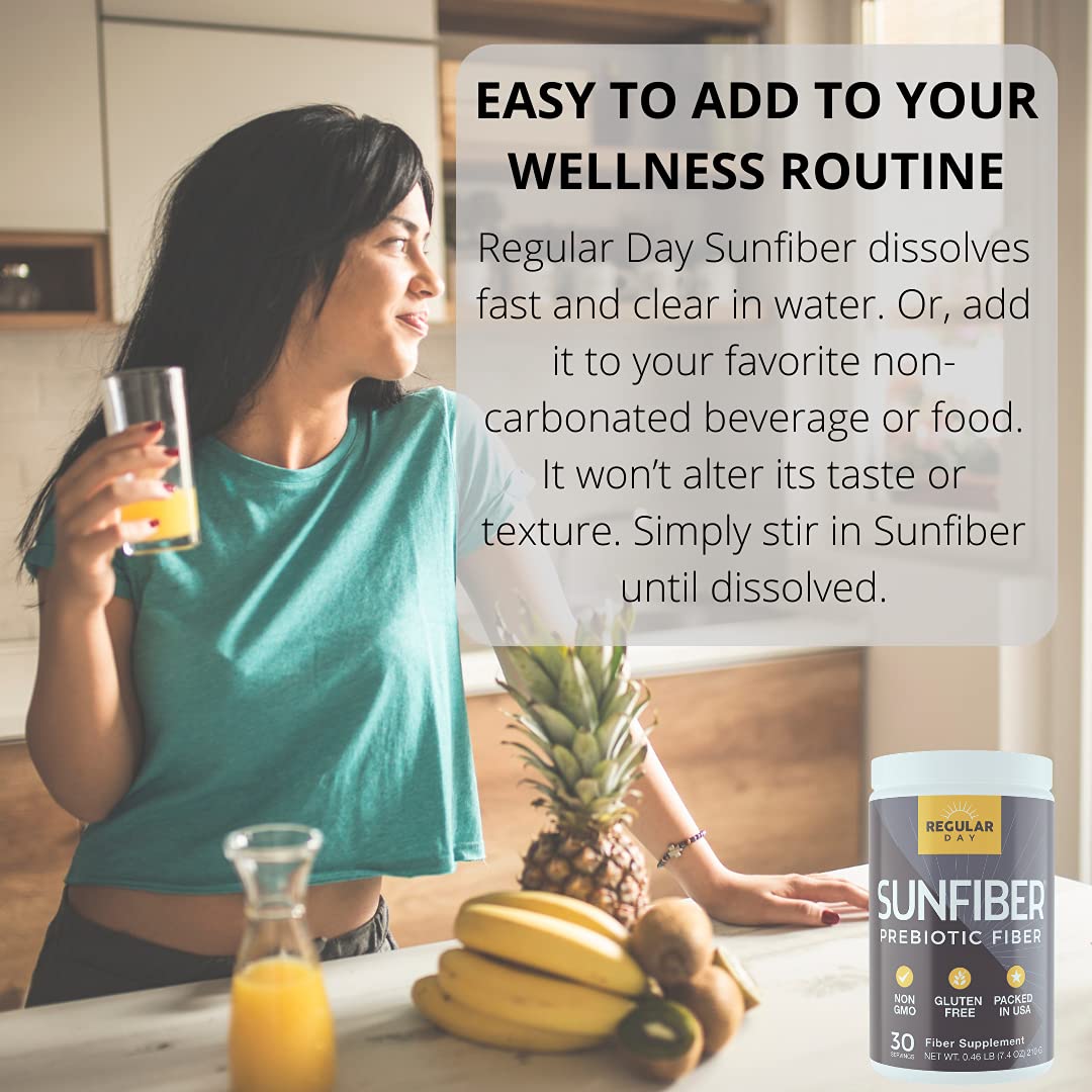 REGULAR DAY Sunfiber, Prebiotic Fiber Supplement for Digestive Health - Promotes Gentle Regularity - Gluten Free, Vegan, Dairy Free, Non-GMO, Keto, Tasteless - One Simple Ingredient - 30 Servings