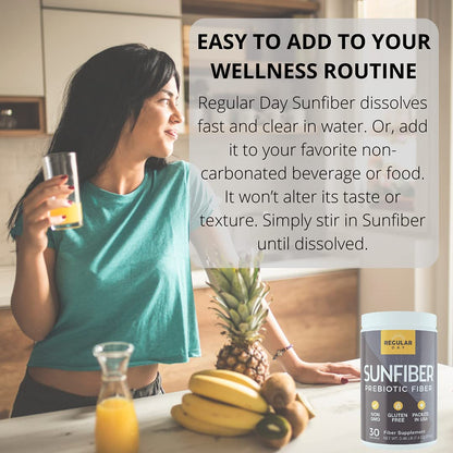 REGULAR DAY Sunfiber, Prebiotic Fiber Supplement for Digestive Health - Promotes Gentle Regularity - Gluten Free, Vegan, Dairy Free, Non-GMO, Keto, Tasteless - One Simple Ingredient - 30 Servings