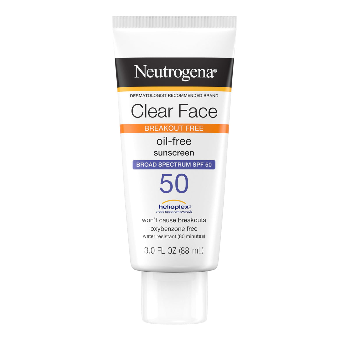 Neutrogena Clear Face Sunscreen Lotion for Acne-Prone Skin, Broad Spectrum SPF 50, Sunscreen for Face & Oily Skin, Oil-,Fragrance- & Oxybenzone-Free, Water Resistant, Matte, Unscented, 3 Fl Oz