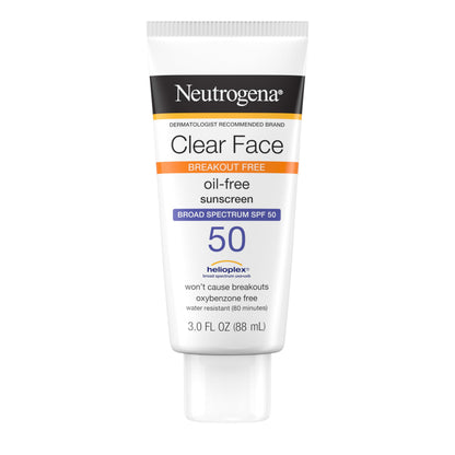 Neutrogena Clear Face Sunscreen Lotion for Acne-Prone Skin, Broad Spectrum SPF 50, Sunscreen for Face & Oily Skin, Oil-,Fragrance- & Oxybenzone-Free, Water Resistant, Matte, Unscented, 3 Fl Oz