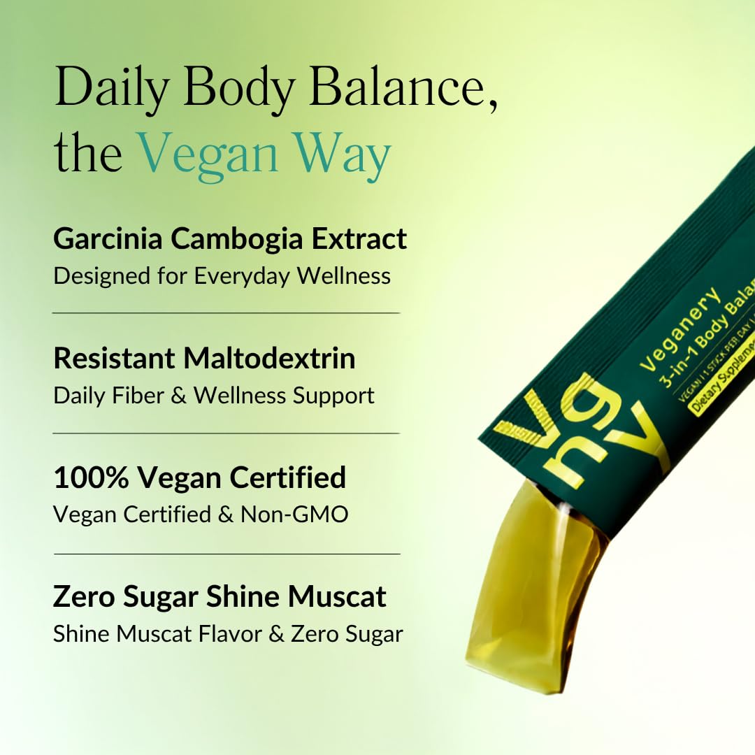 Veganery 3-in-1 Body Balance Jelly 14 Sticks - Vegan Garcinia Cambogia & Dietary Fiber Supplement, Zero Sugar, Supports Healthy Metabolism, Shine Muscat Flavor, Korean Wellness Supplement