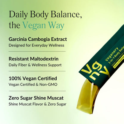 Veganery 3-in-1 Body Balance Jelly 14 Sticks - Vegan Garcinia Cambogia & Dietary Fiber Supplement, Zero Sugar, Supports Healthy Metabolism, Shine Muscat Flavor, Korean Wellness Supplement