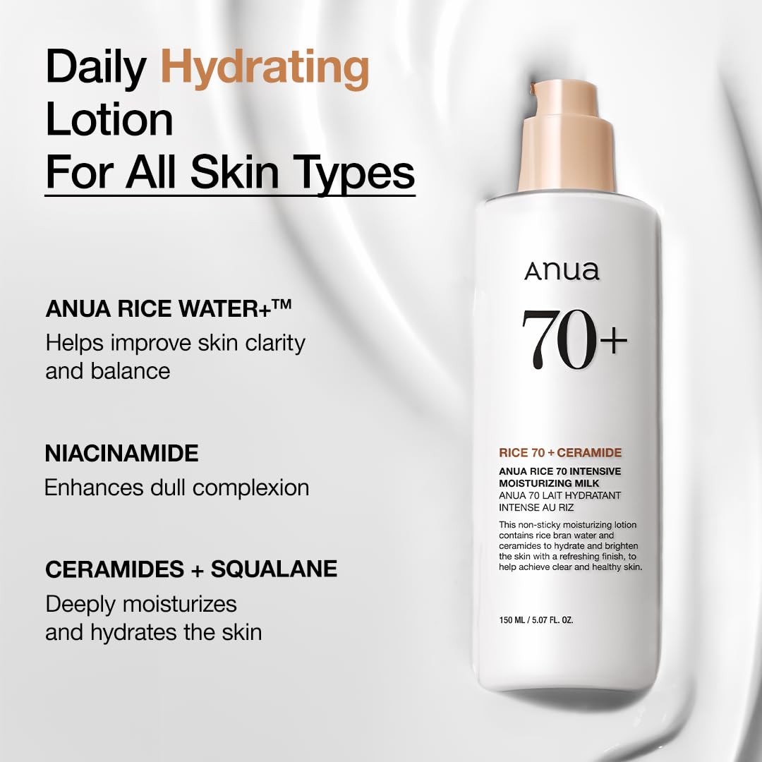 ANUA Rice 70 Intensive Moisturizing Milk, Hydrating Face Lotion, Niacinamide, Ceramides, All Skin Types, Sensitive, Skin Moisture Barrier, Lightweight Nourishing, Korean Skincare, 5.07 fl.oz.