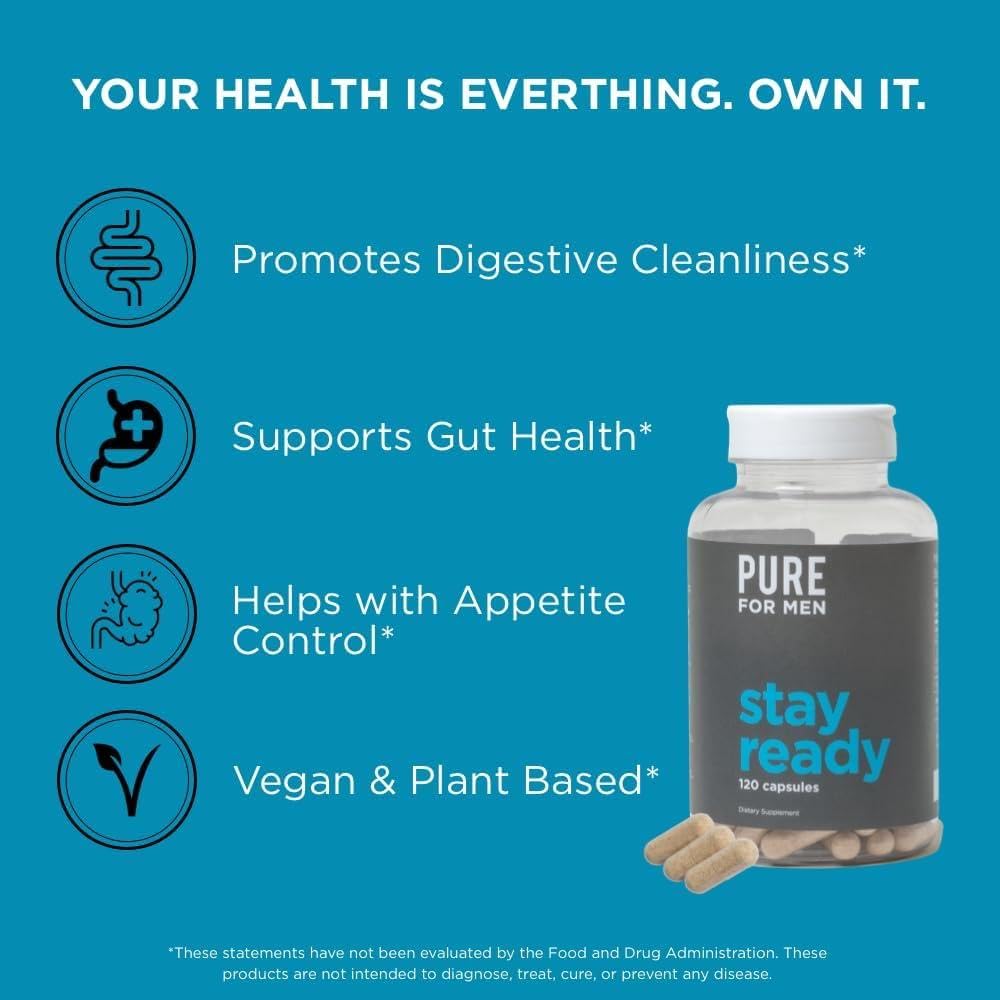 Pure for Men Original Vegan Cleanliness Stay Ready Fiber Supplement - Helps Promote Digestive Regularity - Psyllium Husk, Aloe Vera, Chia Seeds, Flaxseeds - Proprietary Formula - 120 Vegan Capsules