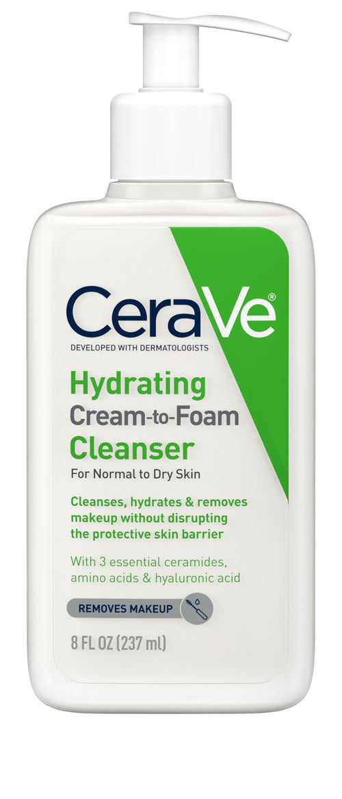 CeraVe Hydrating Cream To Foam Cleanser, Makeup Remover Face Wash For Dry Skin, Foaming Facial Cleanser With Hyaluronic Acid, Normal To Dry Skin, Fragrance Free & Non Comedogenic, 8 Fluid Ounces