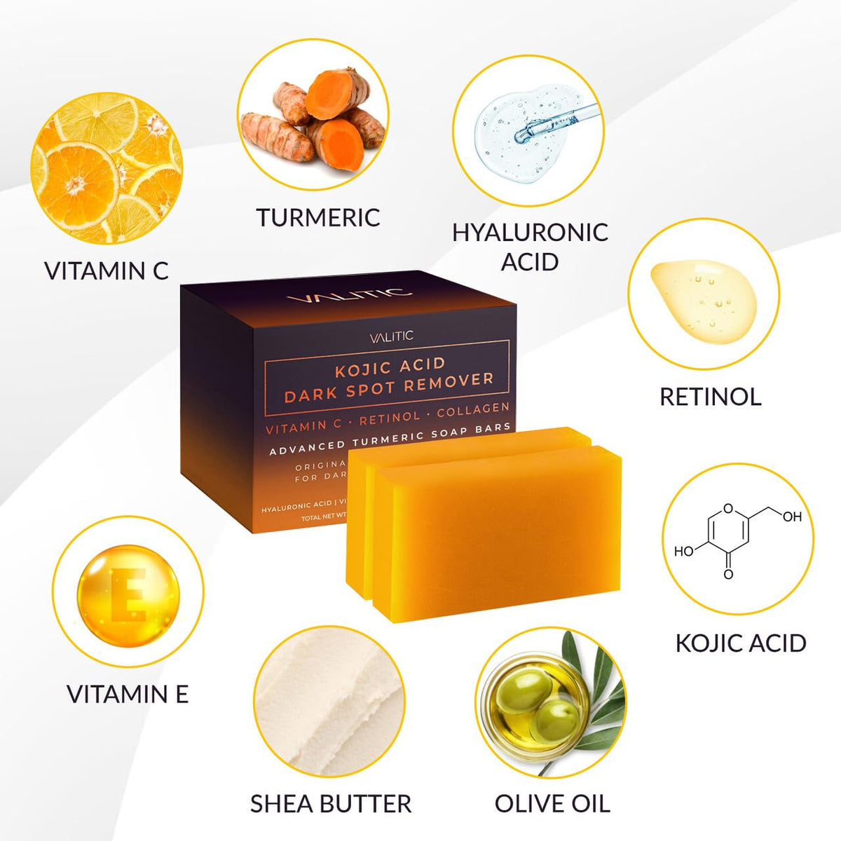 VALITIC Kojic Acid Cleansing Soap Bars with Vitamin C & Turmeric, Hydrating Formula 2 Pack with Bag