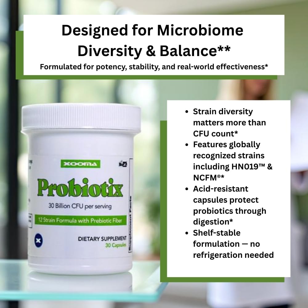 Xooma Probiotix 12-Strain Probiotic + Prebiotic Fiber, 30B CFU - No Refrigeration Required - Gut & Digestive Health, Immune Support, Bloating Relief - Gluten, Soy & Dairy Free - 30 Capsules