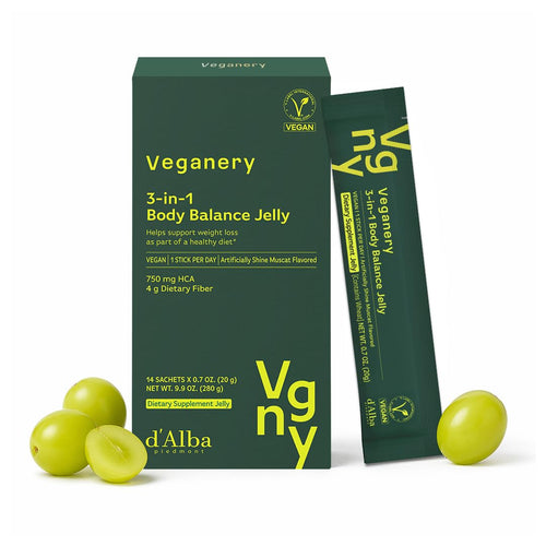 Veganery 3-in-1 Body Balance Jelly 14 Sticks - Vegan Garcinia Cambogia & Dietary Fiber Supplement, Zero Sugar, Supports Healthy Metabolism, Shine Muscat Flavor, Korean Wellness Supplement