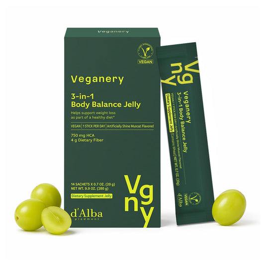 Veganery 3-in-1 Body Balance Jelly 14 Sticks - Vegan Garcinia Cambogia & Dietary Fiber Supplement, Zero Sugar, Supports Healthy Metabolism, Shine Muscat Flavor, Korean Wellness Supplement