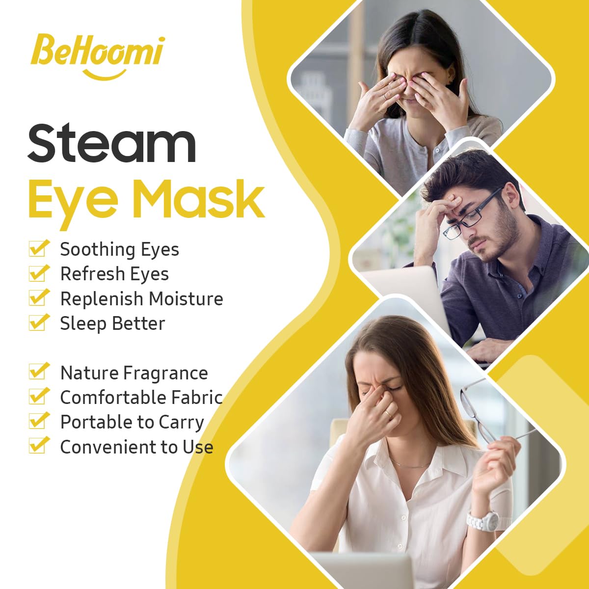 BeHoomi Self Heating Steam Eye Mask - Chamomile Scented Warm Compress Heated Eye Mask for Sleep, Spa & Relaxation (20 Pack)
