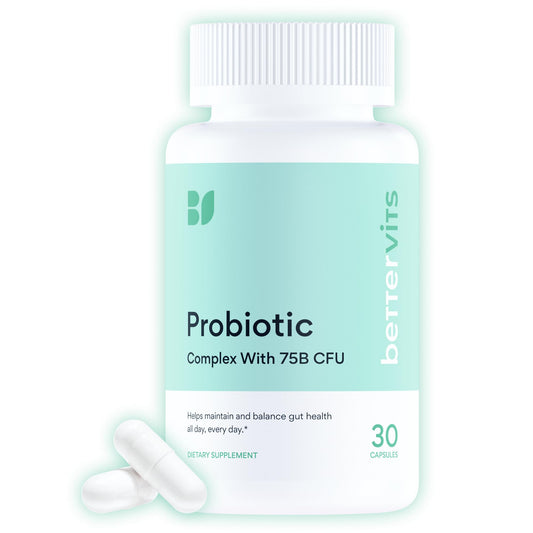 Bettervits Probiotics for Women & Men - 75 Billion CFU - Digestive Health and Gut Support Prebiotic - 14 Clinically Studied Strains with Vitamin B12, Lactobacillus and Inulin Fiber - 30 Capsules