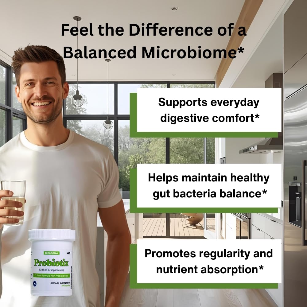 Xooma Probiotix 12-Strain Probiotic + Prebiotic Fiber, 30B CFU - No Refrigeration Required - Gut & Digestive Health, Immune Support, Bloating Relief - Gluten, Soy & Dairy Free - 30 Capsules