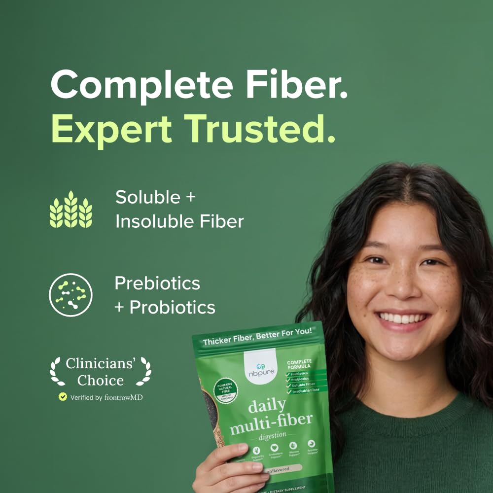 nbpure Daily Fiber Powder Blend for Digestive Health, Cholesterol Support, Healthy Weight Management - with Prebiotic, Insoluble, Soluble Fiber + 4 Probiotic Strains, Savory Mocha, Gusset, 45 Servings