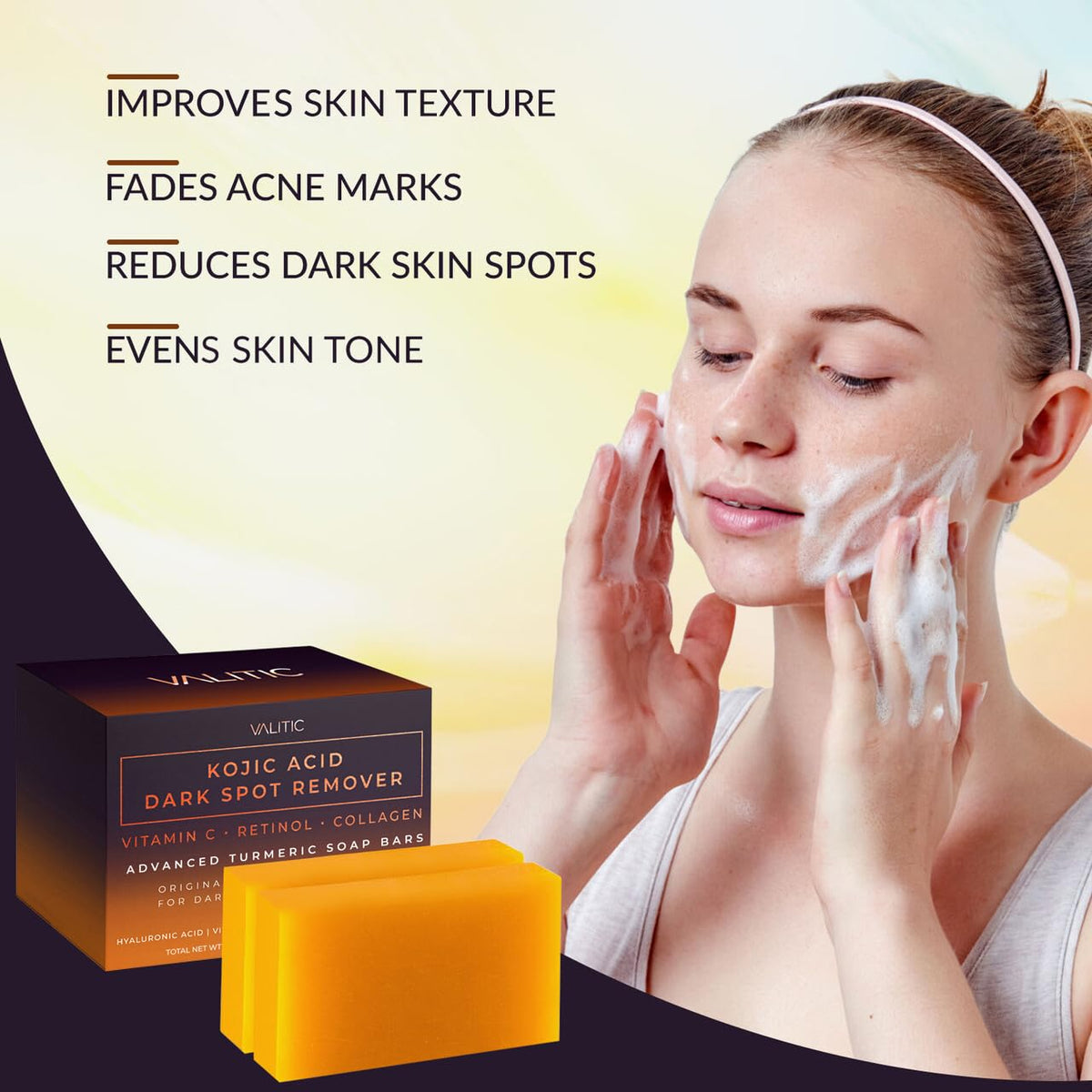 VALITIC Kojic Acid Cleansing Soap Bars with Vitamin C & Turmeric, Hydrating Formula 2 Pack with Bag
