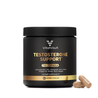 VitalVault 7 in 1 testosterone booster capsules men Tongkat Ali Maca Ashwagandha Shilajit Fenugreek Zinc energy strength stamina support 60 capsules bottle