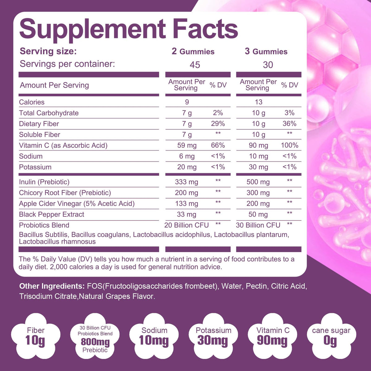 Migcopat 10G Fiber Gummies with 30 Billion CFU Probiotics, Grape Flavor, Bloating Support, Fiber Supplement with Vitamin C, ACV, Inulin, Sugar Free, 180 Count