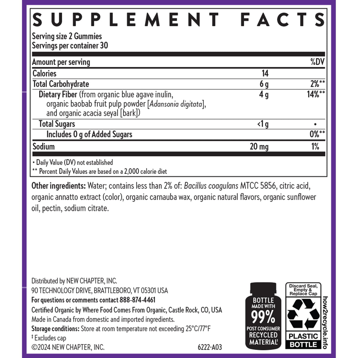 New Chapter Organic Fiber Gummies for Adults & Kids (Age 4+), Plant-Based Prebiotic Fiber for Digestive Health, Vegan, Non-GMO, USDA Organic, Gluten Free, Citrus-Berry Flavored, 60 ct, (Pack of 2)