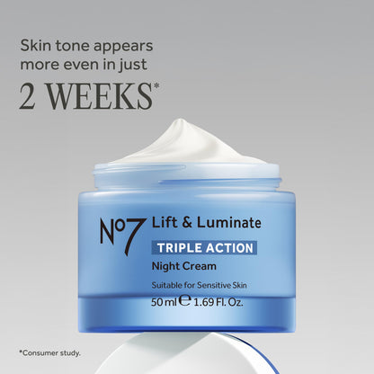 No7 Lift & Luminate Triple Action Night Cream - Anti-Wrinkle, Collagen Peptide Moisturizer with Skin Firming Hyaluronic Acid & Hibiscus - Helps Even Skin Tone for a Radiant Complexion (1.7 Fl Oz)