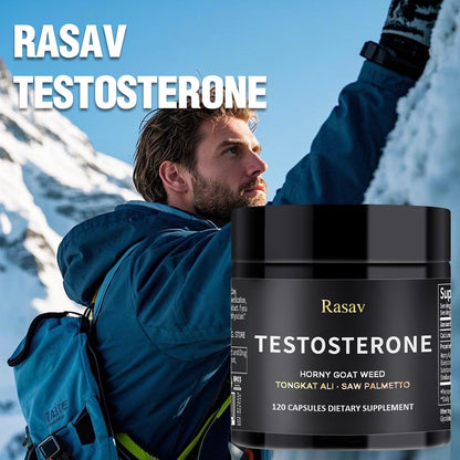 Rasav Horny Goat Weed & Tongkat Ali Testosterone Booster for Men - Energy, Stamina, Strength & Muscle Support - 120 Capsules