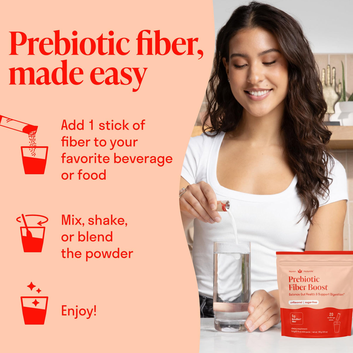 Nuven Naturals Prebiotic Fiber Powder - Unflavored & Sugar Free - Fiber Supplement to Support Digestive Regularity, Gut Health, Bloating & Immune Support - Soluble Prebiotic Powder Daily