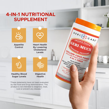 Geri-Mucil Psyllium Powder By GeriCare - 4-In-1 Orange-Flavor Psyllium Husk Powder - Daily Fiber Supplement - Sweetened Gluten-Free Fiber Drink Mix - Water-Soluble Husk Fiber Powder For Bowel Movement - 13oz