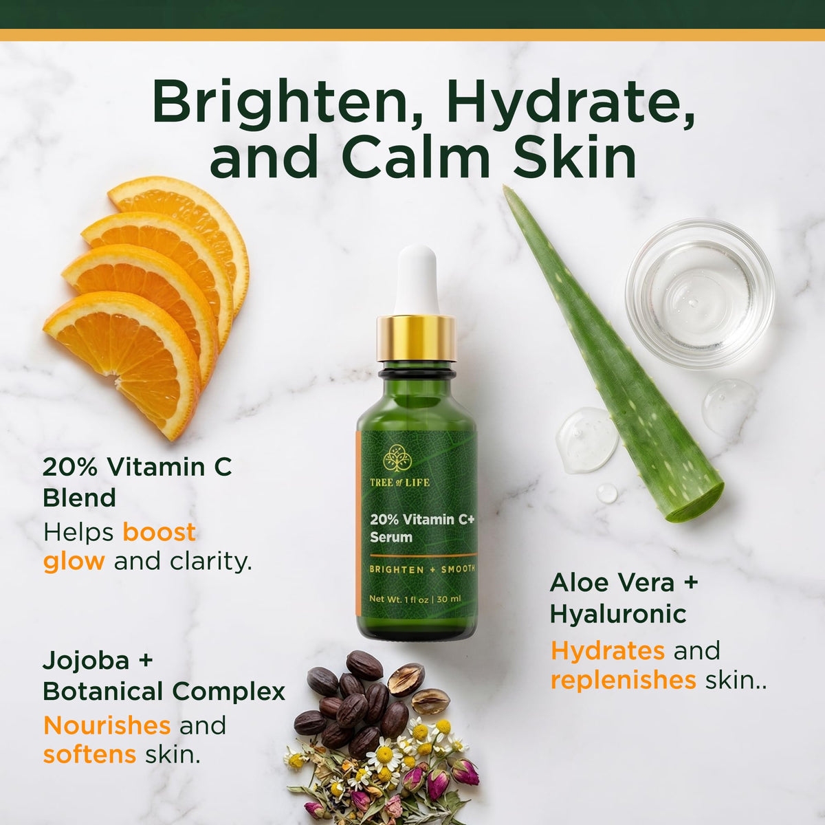 Tree of Life 20% Vitamin C+ Serum For Face with Vitamin E - Brightening & Hydrating Face Serum for Dark Spots, Fine Lines & Anti Aging - Dermatologist Tested, 1 Fl Oz - Mothers Day Gifts