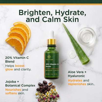 Tree of Life 20% Vitamin C+ Serum For Face with Vitamin E - Brightening & Hydrating Face Serum for Dark Spots, Fine Lines & Anti Aging - Dermatologist Tested, 1 Fl Oz - Mothers Day Gifts