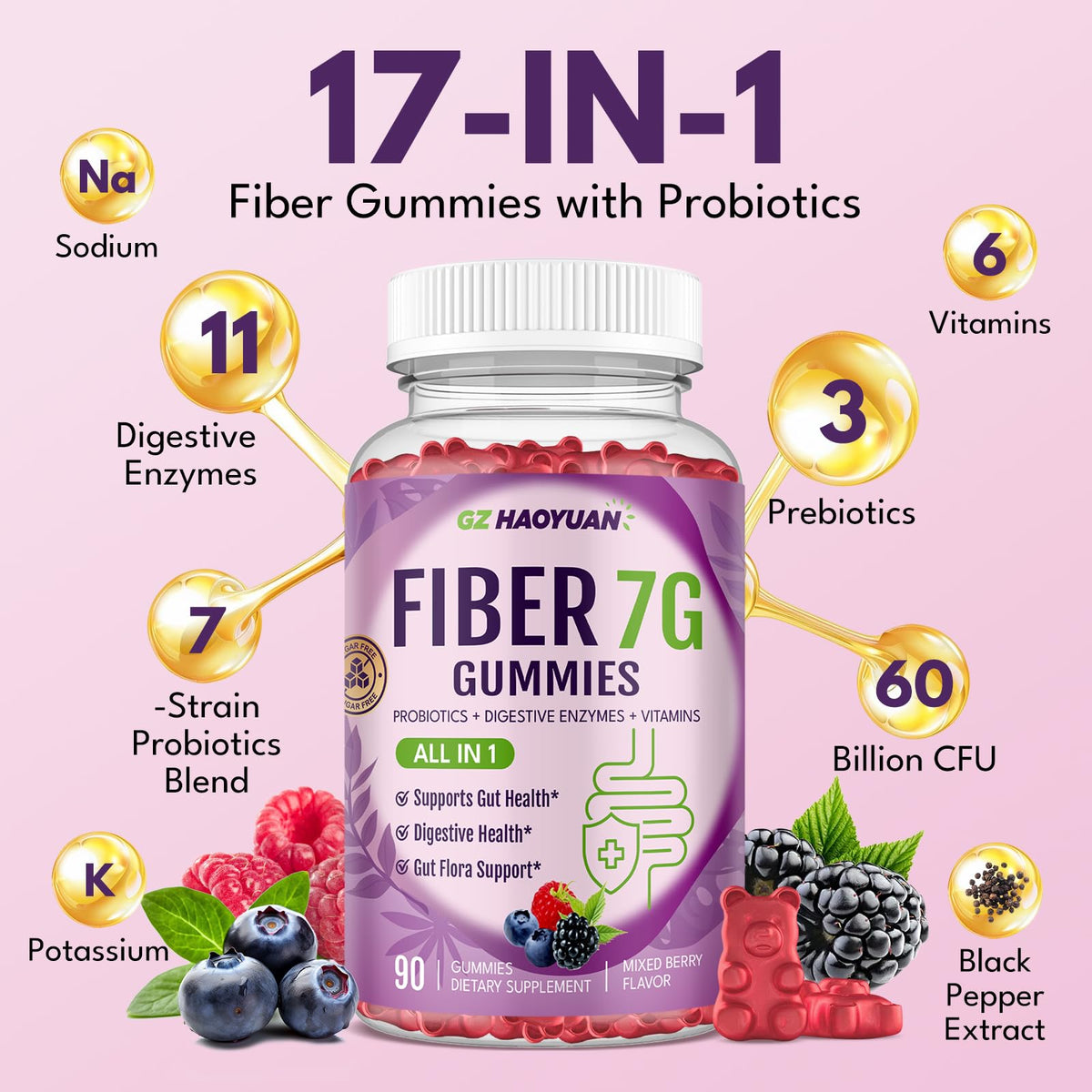 GZ HAOYUAN Fiber Gummies for Adults - Sugar Free Fiber Supplement 17 in 1, Probiotic 60 Billion CFU & Prebiotic with Digestive Enzymes, Inulin, Psyllium, Support for Gut & Digestive Health, 180 Count