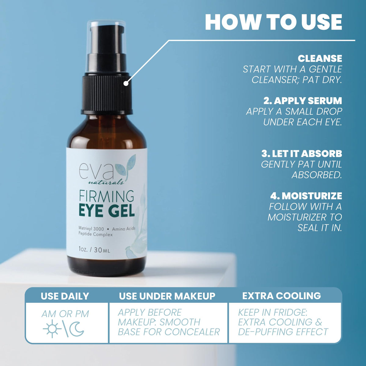 Eva Naturals Eye Gel for Dark Circles, Bags & Puffiness - Anti-Aging Peptide Serum with Hyaluronic Acid & Botanicals (1 oz)