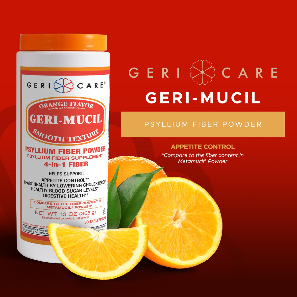 Geri-Mucil Psyllium Powder By GeriCare - 4-In-1 Orange-Flavor Psyllium Husk Powder - Daily Fiber Supplement - Sweetened Gluten-Free Fiber Drink Mix - Water-Soluble Husk Fiber Powder For Bowel Movement - 13oz