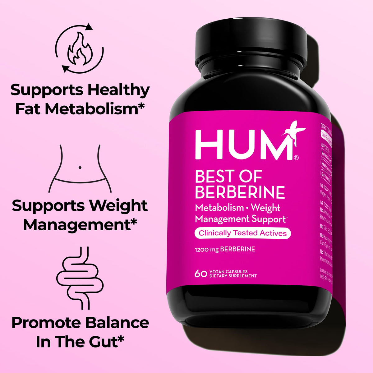HUM Best of Berberine Supplement 1200mg, Pure Potency for Metabolic Wellness, Gut Health, Pure Berberine Supplements Enhanced with BioPerine for Maximum Absorption, 60 Capsules