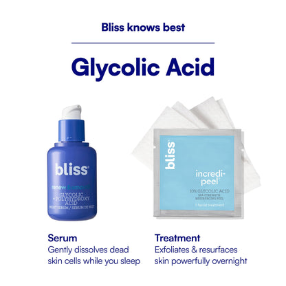 Bliss Renew & Smooth Night Serum - Glycolic Acid + Polyhydroxy Acid Exfoliating Serum - Resurfaces Skin, Smooths Texture & Brightens Tone Overnight - 1 Fl Oz