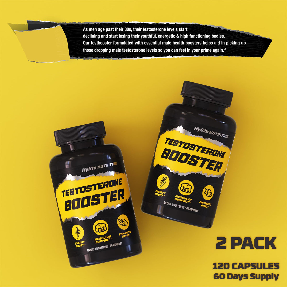 Testosterone Booster for Men - Muscle Growth, Strength, Stamina & Energy Support Supplement - Fast-Acting Blood Flow Formula (2 Pack)