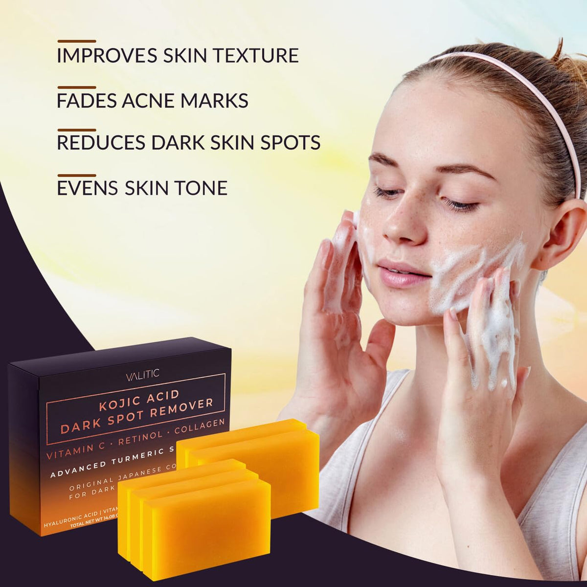 VALITIC Kojic Acid Cleansing Soap Bars with Vitamin C & Turmeric, Hydrating Formula 5 Pack