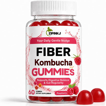 Probiotic Kombucha Fiber Gummies, Prebiotics & Probiotics Digestive Supplement for Bloating, Gut Health, Digestive Balance & Daily Regularity - for Women and Men, Vegan Raspberry Flavor, 60 Count