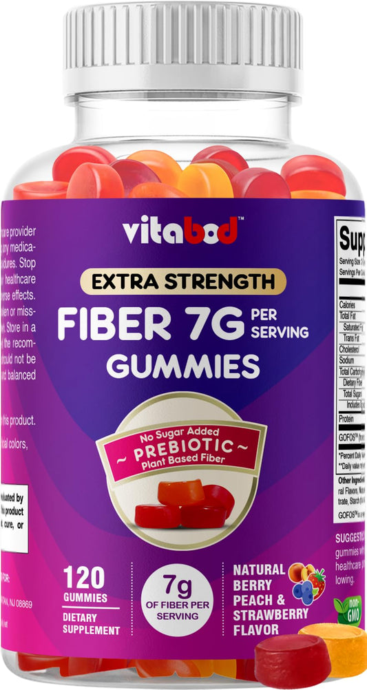 Vitabod Fiber Gummies 7G Per Serving for Digestive Health & Regularity, Prebiotic GOFOS Plant-Based Fiber, No Sugar Added, Vegan, Berry Peach Strawberry, 120 Gummies (Adults, Women & Men)