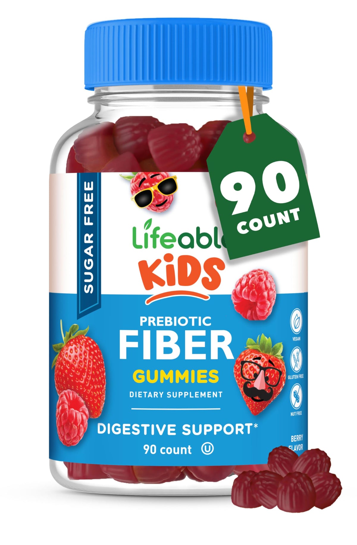 Lifeable Sugar Free Prebiotic Kids Fiber Gummies - 4g Fiber for Kids - Great Tasting Vegetarian Fiber Supplements for Kids - for Digestive Health - Fiber Gummies for Kids - 90 Probiotics Gummies
